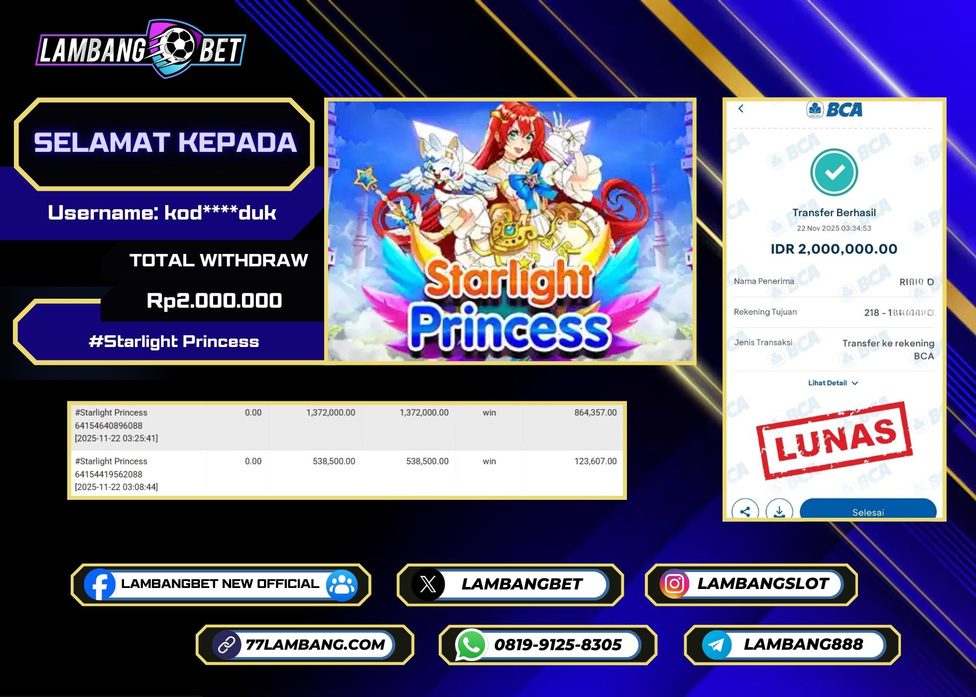 LAMBANGBET [22 NOVEMBER 2025] JACKPOT SLOT Starlight Princess "Rp2.000.000" LUNAS